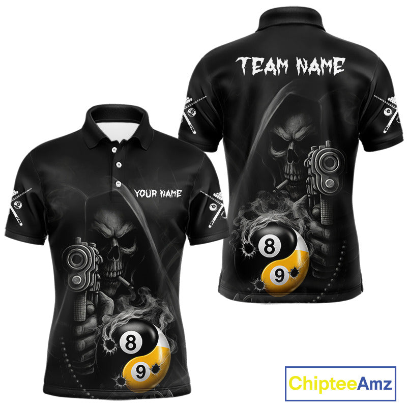 Custom Grim Reaper Yin Yang 8 Ball 9 Ball Smoke Black Pool Polo Shirt Designed for Personalized Billiard Team Jerseys with Premium Athletic Performance and Gothic Artwork