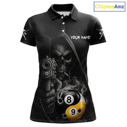 Grim Reaper 8 Ball 9 Ball Yin Yang Smoke Black Billiard Polo Shirt Featuring a Dark Gothic Design for Pool League Players, Team Competition, and Tournament Events