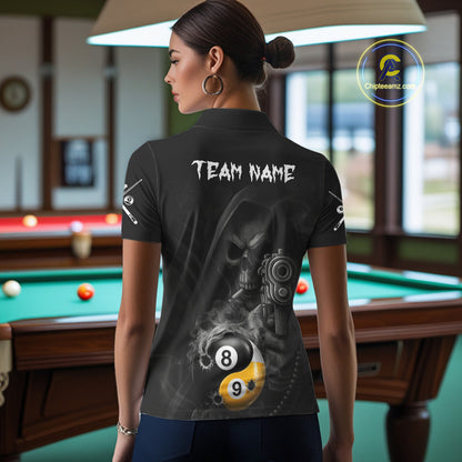 Woman Wearing Grim Reaper 8 Ball 9 Ball Yin Yang Smoke Custom Pool Team Jersey Featuring the Complete Rear Graphic Design, Back View