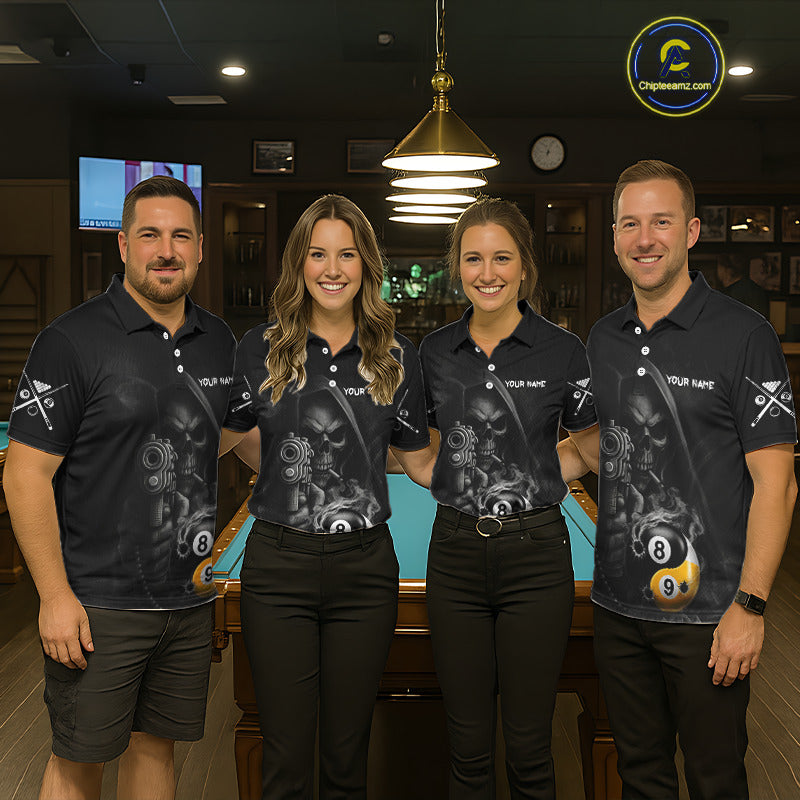 Pool Team Wearing Grim Reaper 8 Ball 9 Ball Yin Yang Smoke Billiard Jerseys During League Competition and Tournament Matches, Front View