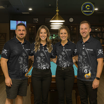 Pool Team Wearing Grim Reaper 8 Ball 9 Ball Yin Yang Smoke Billiard Jerseys During League Competition and Tournament Matches, Front View