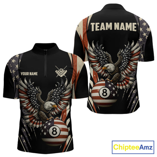 Personalized Vintage American Flag Eagle Billiard Shirt For Men, Patriotic 8 Ball Pool Team Jersey TDM5313