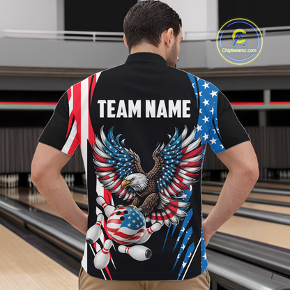 Personalized American Flag Eagle Bowling Polo & 1/4 Zip For Men, Patriotic Bowling Team Jersey TDM5822