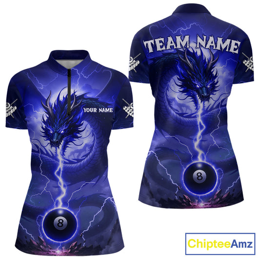 Blue 8 Ball Lightning Dragon Billiard Jersey For Women Custom Pool Team Shirt Polo & 1/4 Zip TDM5115