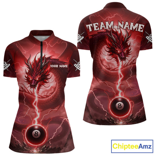 Red 8 Ball Lightning Dragon Billiard Jersey For Women Custom Pool Team Shirt Polo & 1/4 Zip TDM5116
