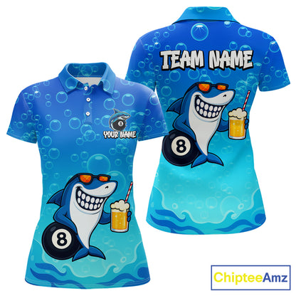 Blue Funny Shark 8 Ball Billiard Shirts For Women Custom Pool Team Shirt, Billiard Polo & 1/4 Zip TDM5134