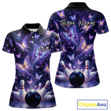 Load image into Gallery viewer, Custom Purple Butterfly Bowling Shirt For Women, Glowing Bowling Team Jersey Polo &amp; 1/4 Zip TDM6225