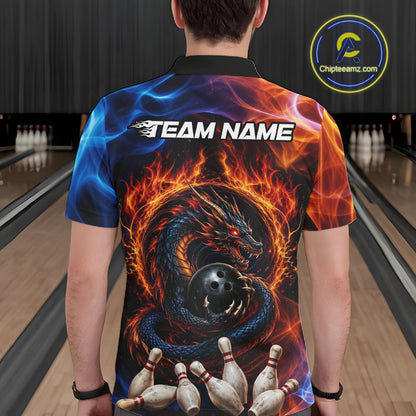 Man wearing personalized dragon fire flame bowling team jersey polo shirt featuring dragon artwork, back view.