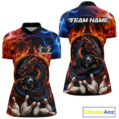 Personalized dragon fire flame bowling team jersey quarter zip shirt for women featuring fierce dragon and fire flame artwork, premium custom bowling apparel.