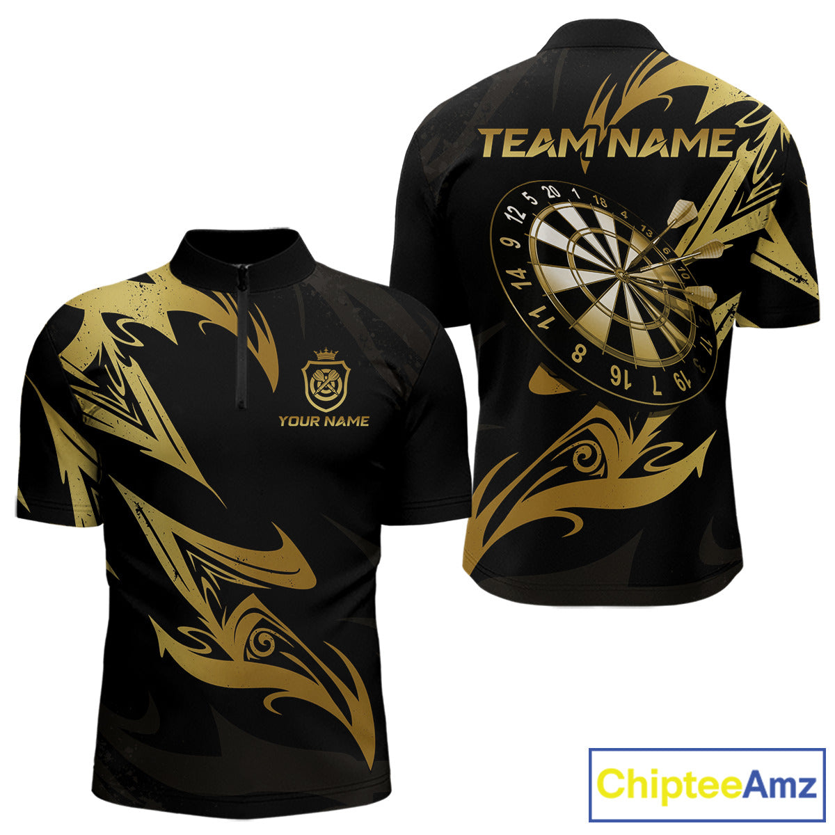 Black And Gold Dartboard Tribal Darts Polo & 1/4 Zip Custom Darts Shirt For Men, Darts Team Jersey TDM5366