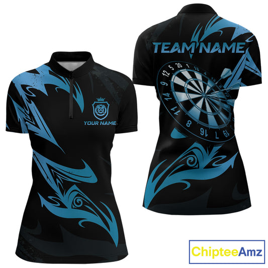 Black And Blue Dartboard Tribal Darts Polo & 1/4 Zip Custom Darts Shirt For Women, Darts Jersey TDM5368