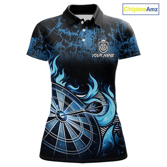 Black And Blue Dartboard Tribal Flame Darts Polo & 1/4 Zip For Women Custom Darts Team Jersey TDM6013