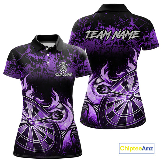 Black And Purple Dartboard Tribal Flame Darts Polo & 1/4 Zip For Women Custom Darts Team Jersey TDM6014