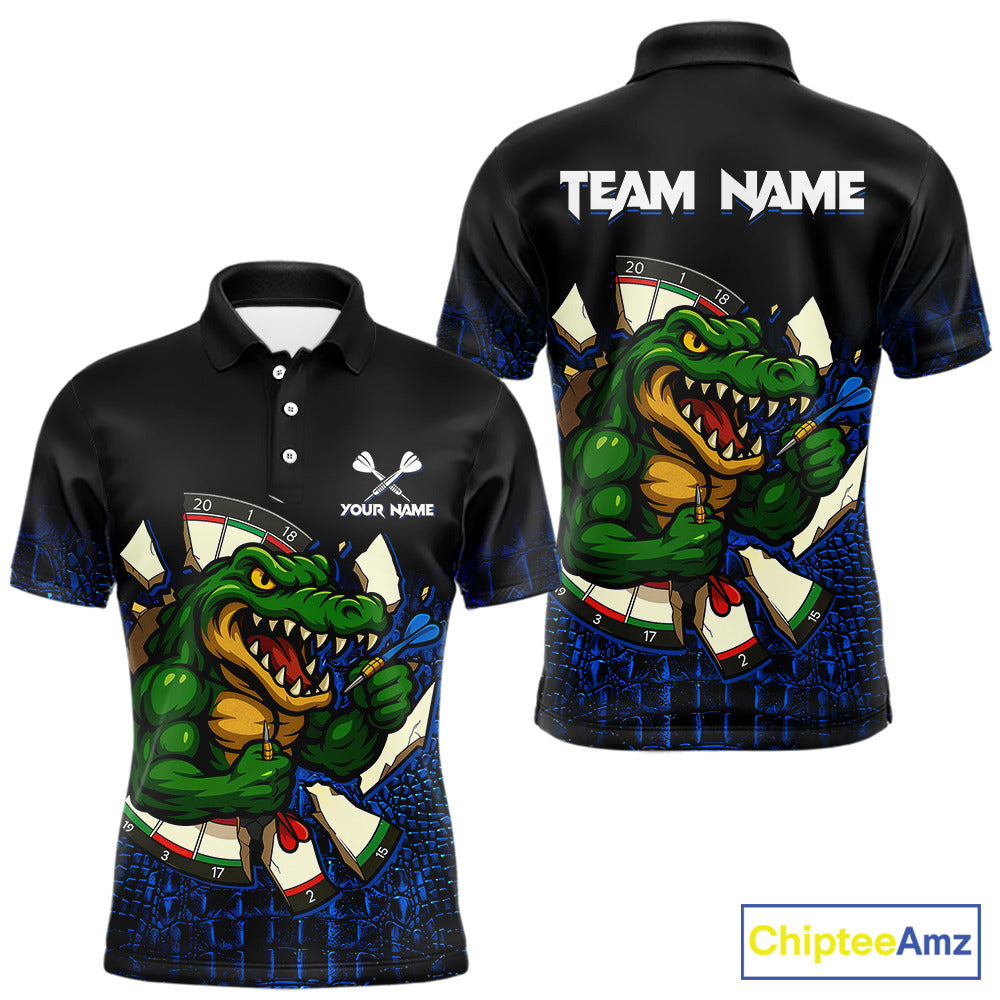 Custom Black and Blue Funny Alligator Darts Polo Shirt for Men Designed for Personalized Darts Team Jerseys with Premium Athletic Performance and Creative Character Graphics