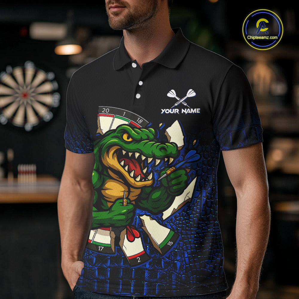 Man Wearing Black and Blue Funny Alligator Darts Polo Shirt with Athletic Performance Fit and Colorful Alligator Graphic Artwork, Front View
