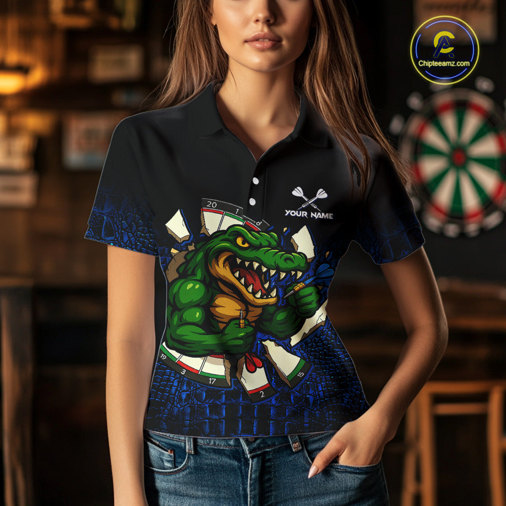 Woman Wearing Black and Blue Funny Alligator Darts Polo Shirt with Athletic Performance Fit and Colorful Alligator Graphic Artwork, Front View