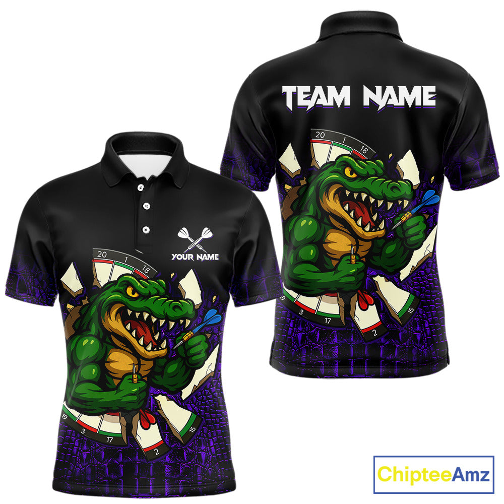 Custom Black and Purple Funny Alligator Darts Polo Shirt for Men Designed for Personalized Darts Team Jerseys with Premium Athletic Performance and Fun Character Artwork