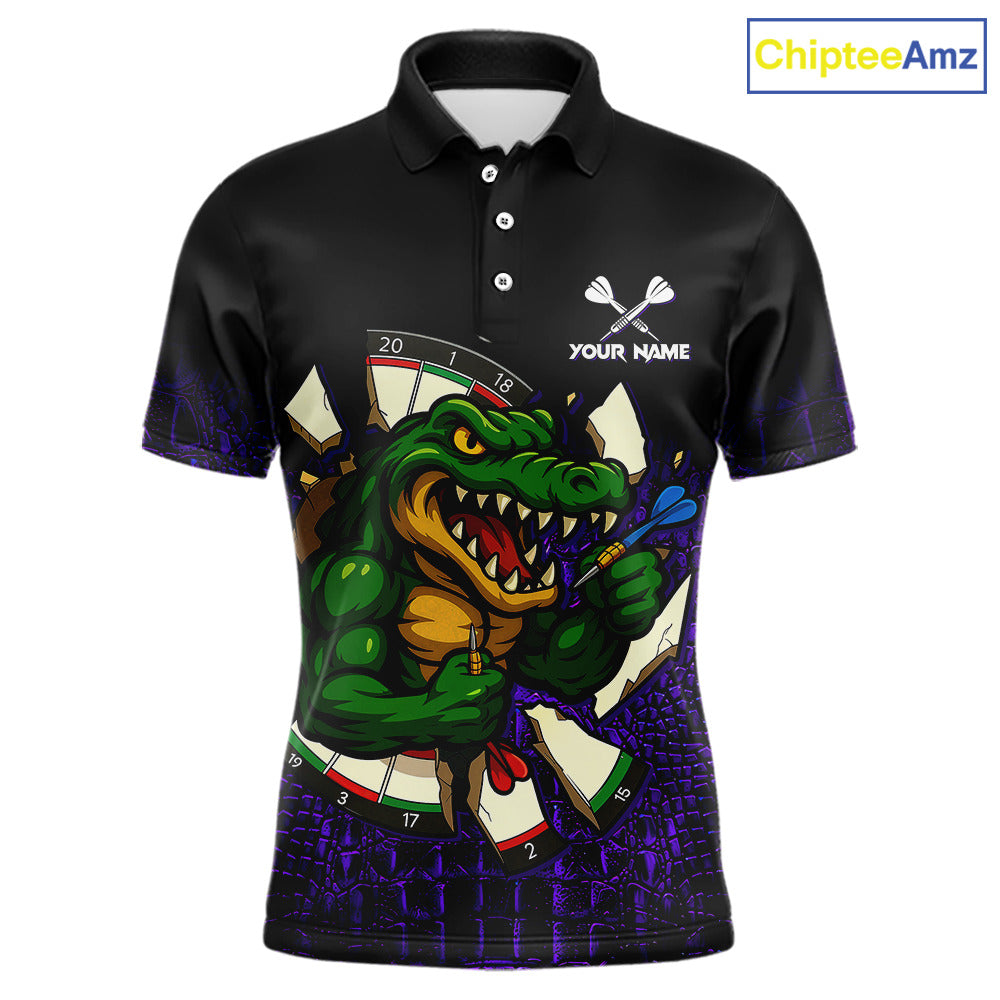 Black and Purple Funny Alligator Darts Polo Shirt for Men Featuring a Humorous Alligator Design for Dart League Players, Team Competition, and Tournament Events