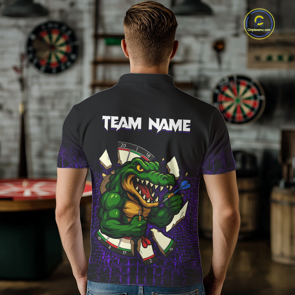 Man Wearing Black and Purple Funny Alligator Custom Darts Team Jersey Featuring the Complete Rear Graphic Design, Back View