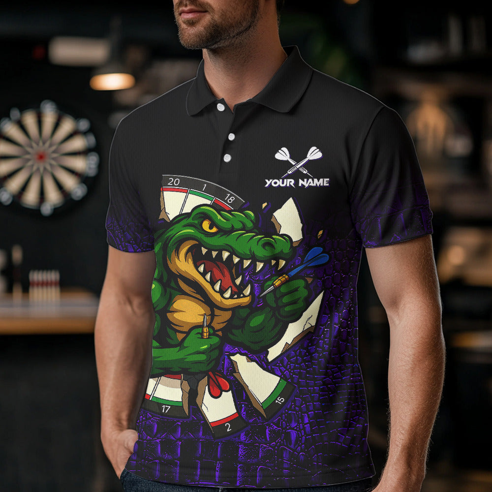 Man Wearing Black and Purple Funny Alligator Darts Polo Shirt with Athletic Performance Fit and Playful Alligator Graphic Artwork, Front View