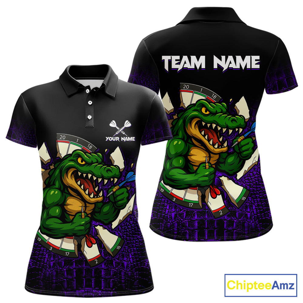 Custom Black and Purple Funny Alligator Darts Polo Shirt for Women Designed for Personalized Darts Team Jerseys with Premium Athletic Performance and Fun Character Artwork