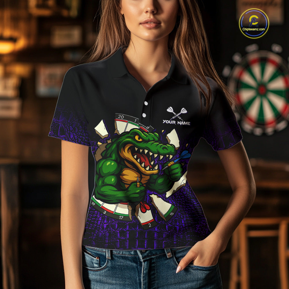 Woman Wearing Black and Purple Funny Alligator Darts Polo Shirt with Athletic Performance Fit and Playful Alligator Graphic Artwork, Front View