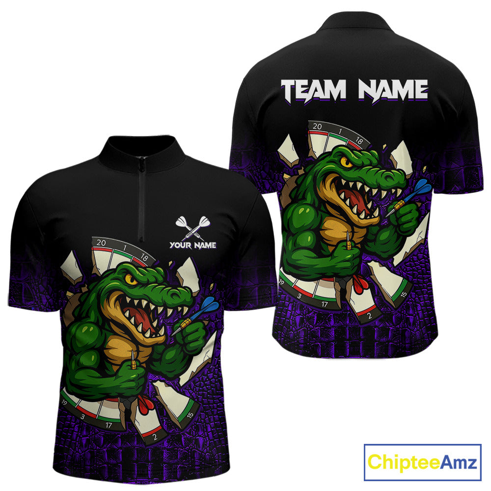 Black and Purple Funny Alligator Quarter Zip Darts Shirt for Men Created for Competitive Dart League Teams with Performance Fabric and Tournament Ready Comfort