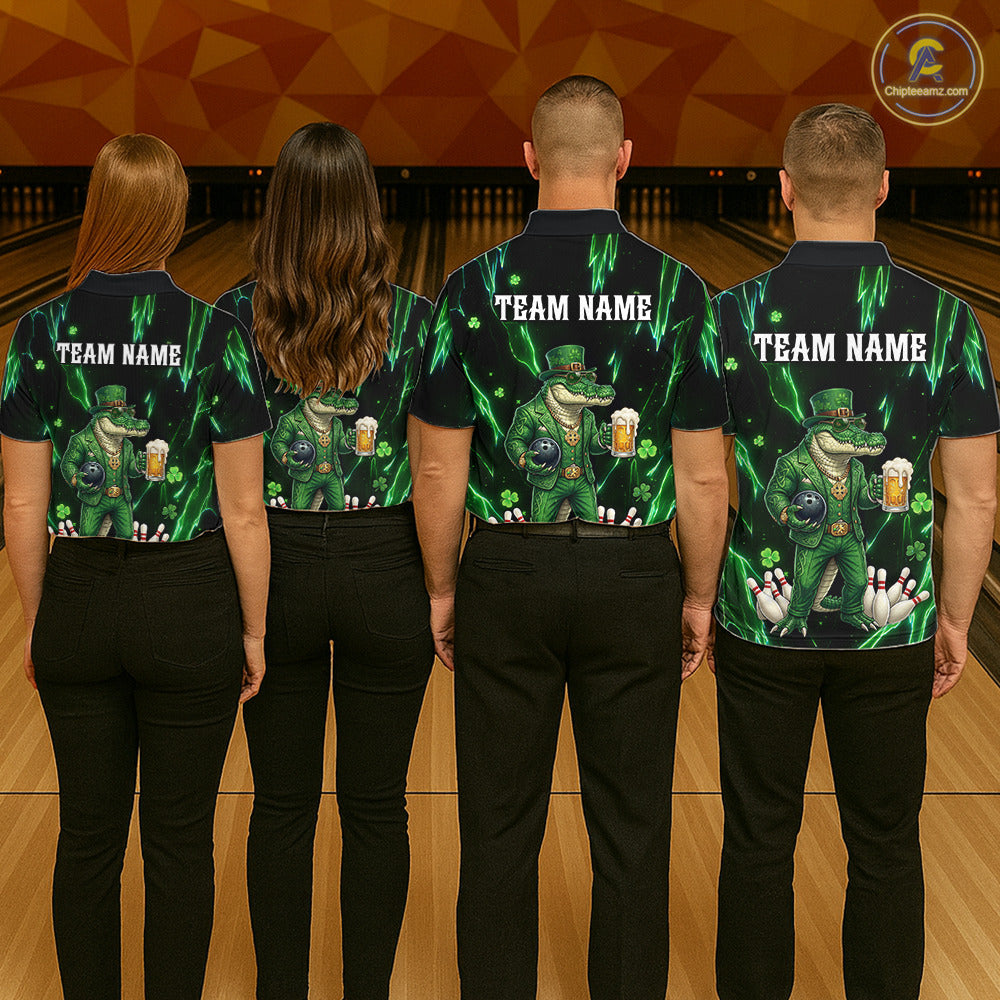 Custom Green St Patricks Alligator Bowling Shirt For Women, Lucky Bowling Team Jersey Polo & 1/4 Zip TDM6266