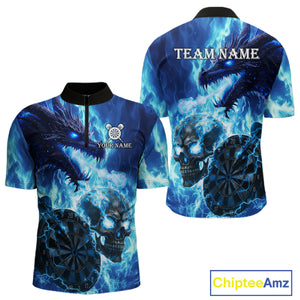 Personalized Blue Flaming Dragon And Skull Darts Shirt For Men Custom 3D Fire Darts Team Jersey TDM4960