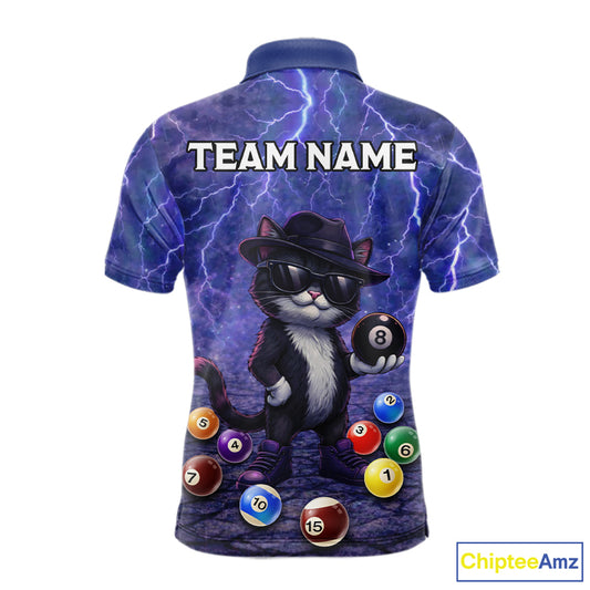 Purple Funny Cat Lightning Billiard Shirt For Men Custom 8 Ball Pool Team Jersey Polo & 1/4 Zip TDM5912