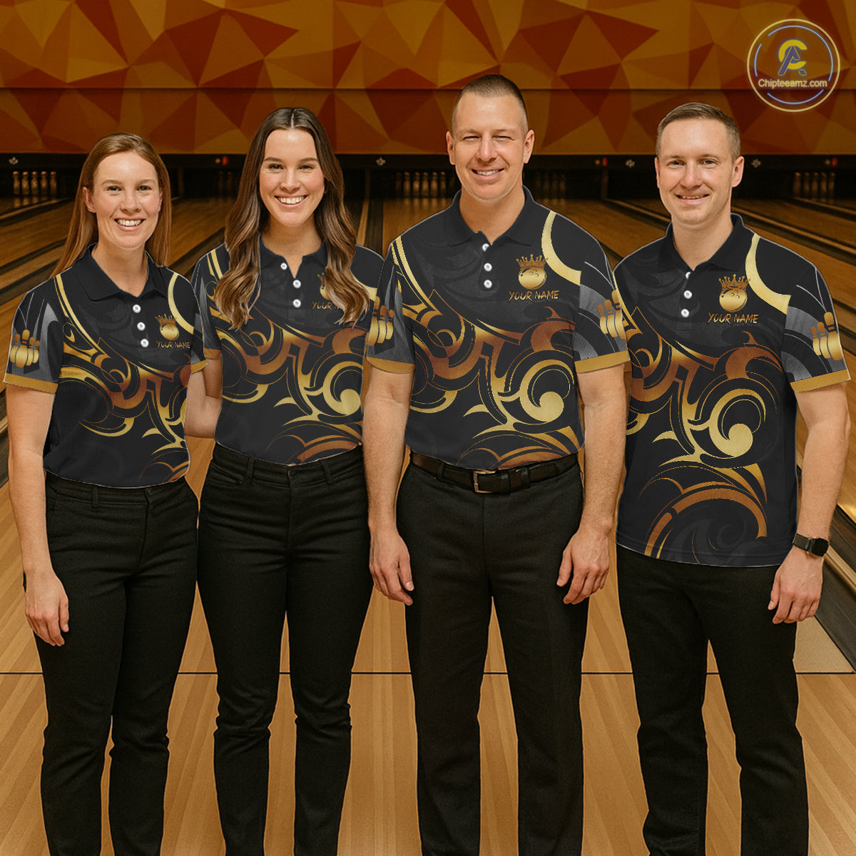 Black And Gold Custom Crown Tribal Bowling Shirt For Women, Bowling Team Jersey Polo & 1/4 Zip TDM6086