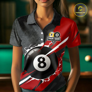 Black And Red 8 Ball & 9 Ball Billiard Shirt For Women Custom Pool Jersey, Billiard Team Shirts TDM5019