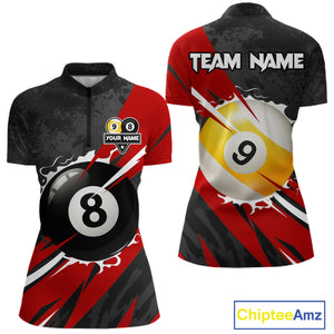 Black And Red 8 Ball & 9 Ball Billiard Shirt For Women Custom Pool Jersey, Billiard Team Shirts TDM5019
