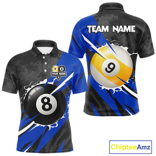 Black And Blue 8 Ball & 9 Ball Billiard Shirt For Men Custom Pool Jersey, Billiard Team Shirts TDM5020