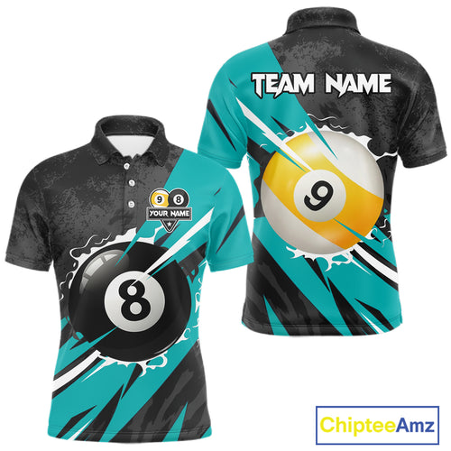 Black And Turquoise 8 Ball & 9 Ball Billiard Shirt For Men Custom Pool Jersey, Billiard Team Shirt TDM5021
