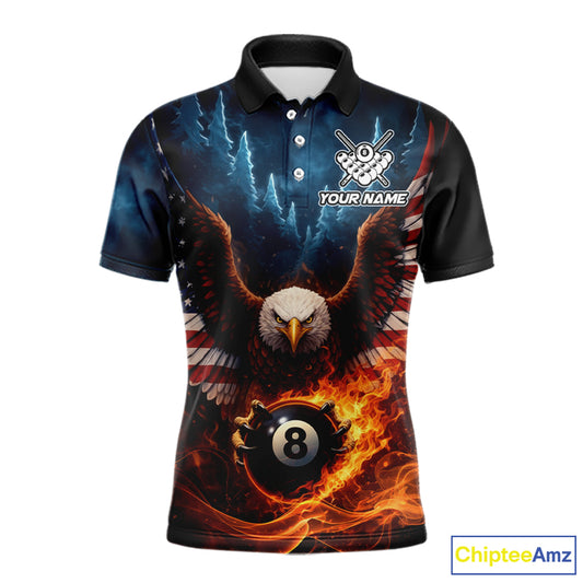 American Flag Eagle 8 Ball Flame Billiard Shirt For Men Custom Patriotic Pool Jersey Polo, 1/4 Zip TDM5754