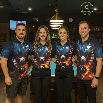 American Flag Eagle 8 Ball Flame Billiard Shirt For Men Custom Patriotic Pool Jersey Polo, 1/4 Zip TDM5754