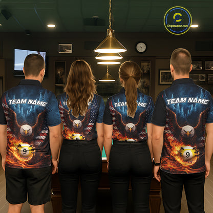 American Flag Eagle 8 Ball & 9 Ball Flame Billiard Shirt For Men Custom Patriotic Billiard Jersey TDM5755