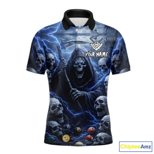 Blue Grim Reaper Lightning Billiard Shirt For Men Custom Skull Pool Team Jersey Polo & 1/4 Zip TDM5963