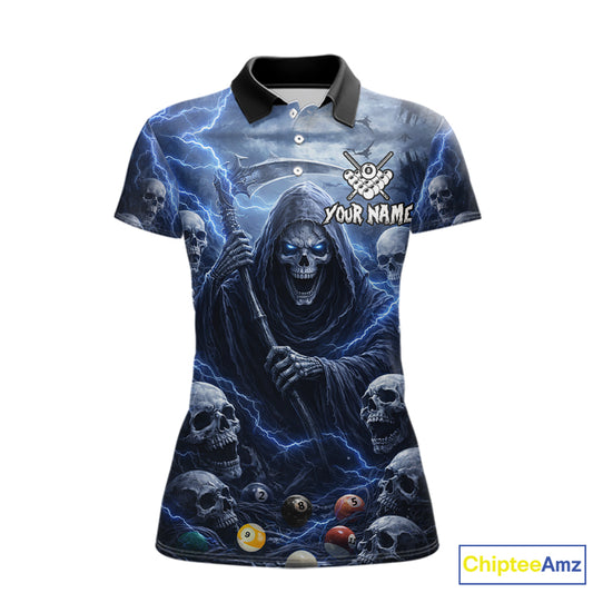 Blue Grim Reaper Lightning Billiard Shirt For Women Custom Skull Pool Team Jersey Polo & 1/4 Zip TDM5963