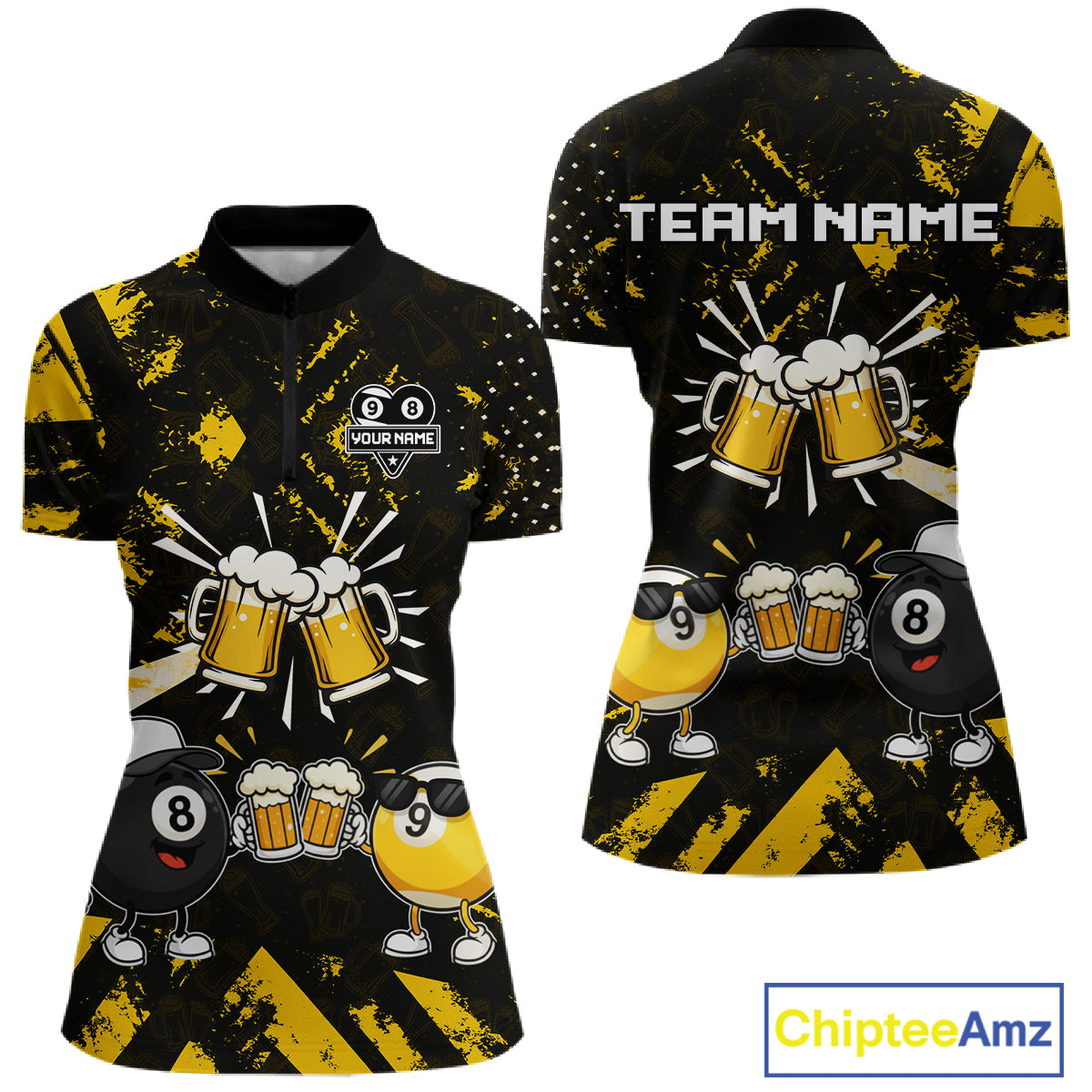 Yellow Black Funny Beer Billiard Shirt For Women Custom 8 Ball & 9 Ball Pool Jersey Polo & 1/4 Zip TDM5288