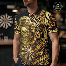 Load image into Gallery viewer, Black And Gold Custom Skull Darts Shirt For Men, Tribal Darts Team Jersey Polo &amp; Quarter Zip TDM5805