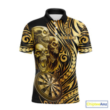 Load image into Gallery viewer, Black And Gold Custom Skull Darts Shirt For Men, Tribal Darts Team Jersey Polo &amp; Quarter Zip TDM5805