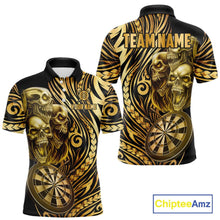 Load image into Gallery viewer, Black And Gold Custom Skull Darts Shirt For Men, Tribal Darts Team Jersey Polo &amp; Quarter Zip TDM5805