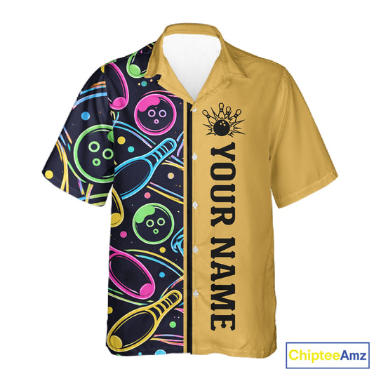 Personalized Funny Neon Bowling Hawaiian Shirt For Women Custom Retro Bowling Team Jersey |Yellow TDM6186