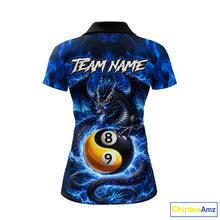 Load image into Gallery viewer, Blue 8 Ball &amp; 9 Ball Fire Yin And Yang Dragon Billiard Shirt For Women Custom Pool Team Jersey TDM5841