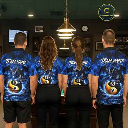 Blue 8 Ball & 9 Ball Fire Yin And Yang Dragon Billiard Shirt For Women Custom Pool Team Jersey TDM5841