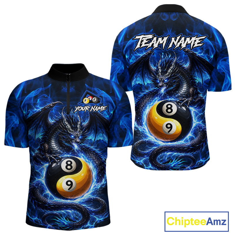 Blue 8 Ball & 9 Ball Fire Yin And Yang Dragon Billiard Shirt For Men Custom Pool Team Jersey TDM5841