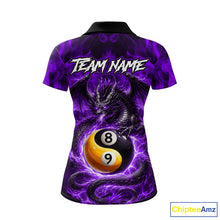 Load image into Gallery viewer, Purple 8 Ball &amp; 9 Ball Fire Yin And Yang Dragon Billiard Shirt For Women Custom Pool Team Jersey TDM5843