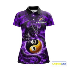 Load image into Gallery viewer, Purple 8 Ball &amp; 9 Ball Fire Yin And Yang Dragon Billiard Shirt For Women Custom Pool Team Jersey TDM5843